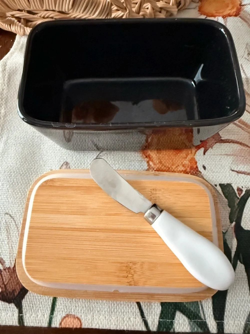 Modern Black Ceramic Butter Dish with Wood Lid & Spreader - farmhouse kitchen